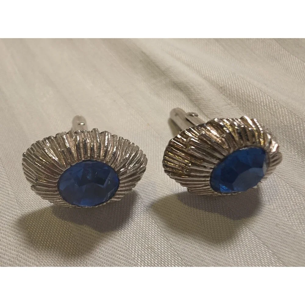 Vintage Swank Cufflinks Mens Mid Century Modern MCM Blue Stone Sunburst Crystal